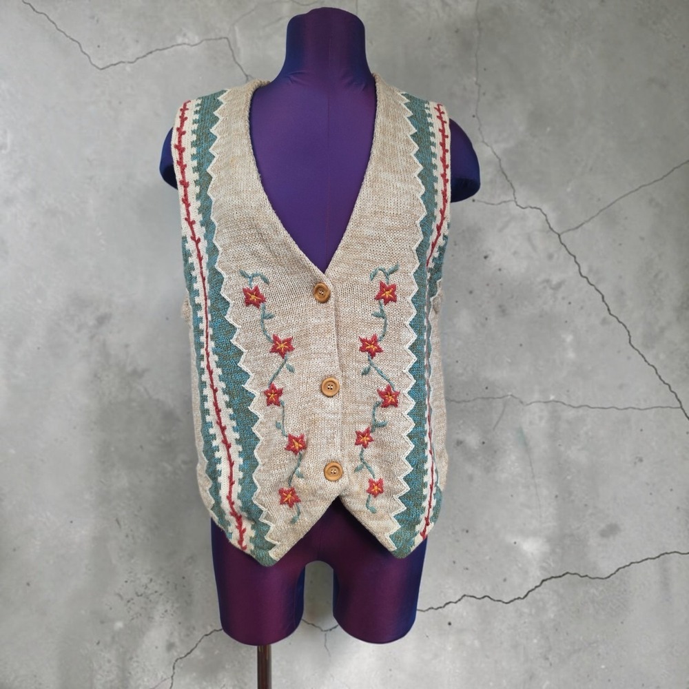 IC Isaacs Vintage Floral Embroidered Knit Sweater Vest Oatmeal Marl Large